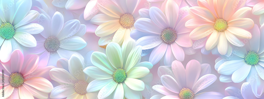 A seamless pattern of pastel rainbow daisies, their petals glowing with soft hues
