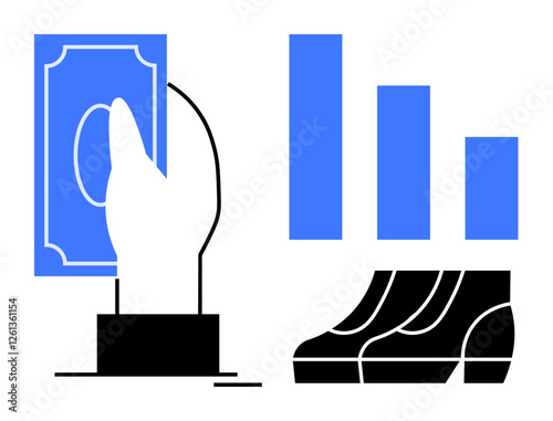 Hand holding dollar bill beside blue bar graph and black sneakers. Ideal for business, finance, consumer behavior, marketing, shopping, economics, retail trends. Minimalist abstract line flat