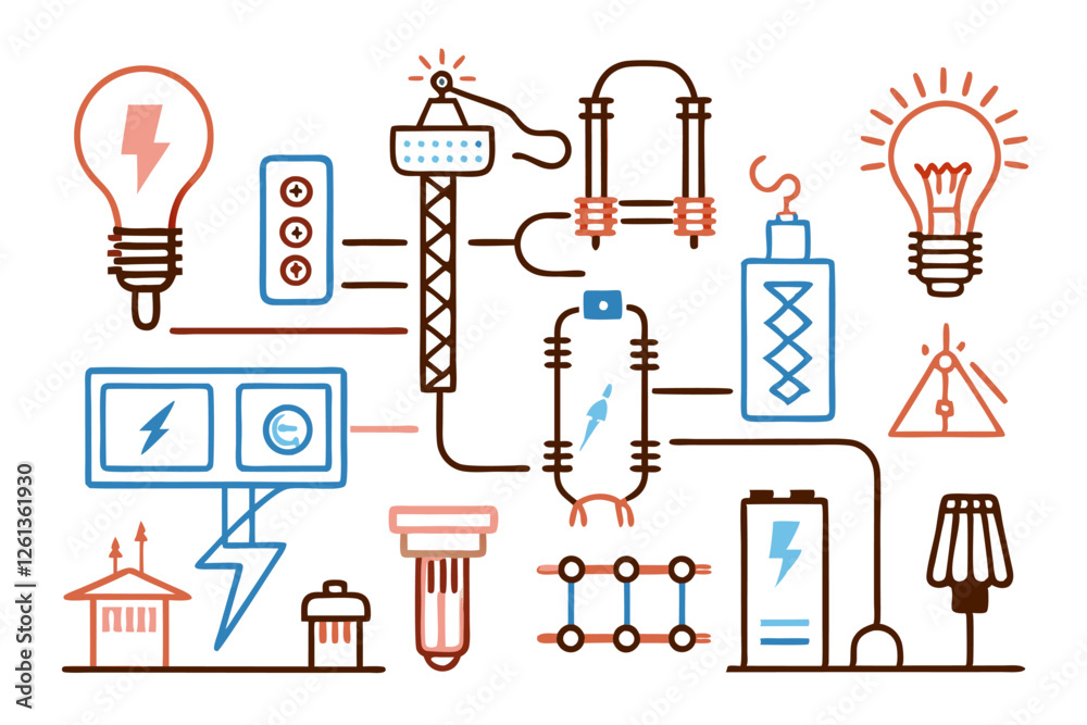 Obraz premium Electricity and Power Line Icons – Light Bulbs, Electrical Equipment, and Energy Symbols Vector Set, Minimalist line art electricity icons – power lines, bulbs, tools, and energy symbols in vector for