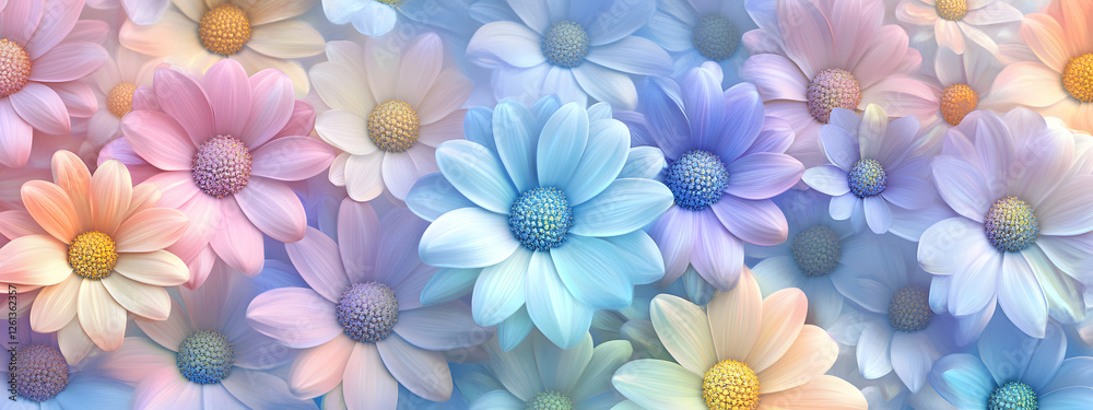 Obraz premium A seamless pattern of pastel rainbow daisies, their petals glowing with soft hues 