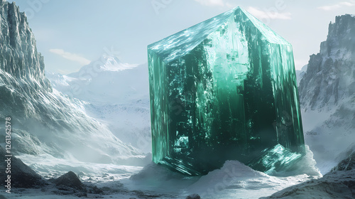 Giant emerald hexagon ice structure in a mountainous landscape. Alien Ice Palaces. Illustration