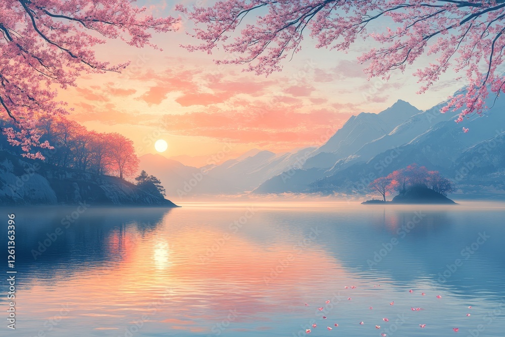 Fototapeta premium Serene sunset over misty lake, mountains, cherry blossoms