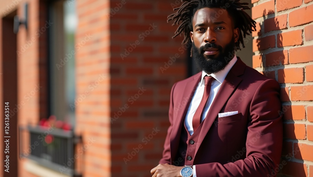 Fototapeta premium Stylish African Man in a Tailored Burgundy Suit Leaning Against a Brick Wall