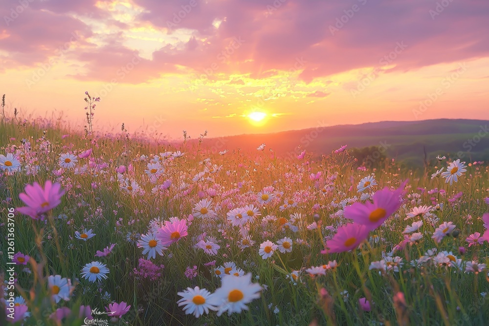 Obraz premium Sunset over field of wildflowers, hills in background, nature scene