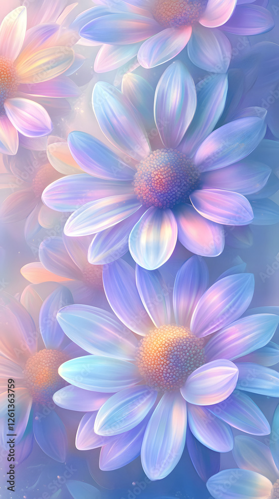Fototapeta premium A seamless pattern of pastel rainbow daisies, their petals glowing with soft hues 