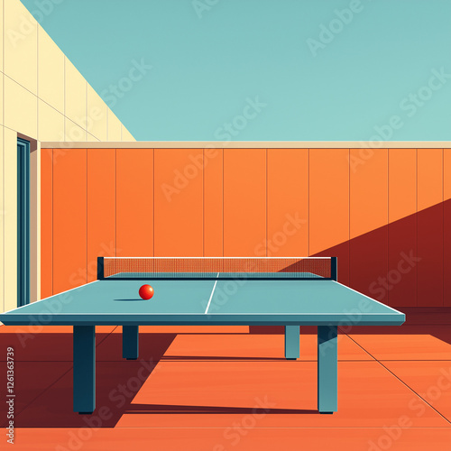 A minimalist illustration of a ping pong table with paddles and a ball, using vibrant blue and orange tones