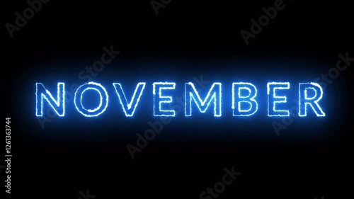 Neon November text animation on black background, November month neon line text concept, November neon looping animation, Blue neon glowing outline.