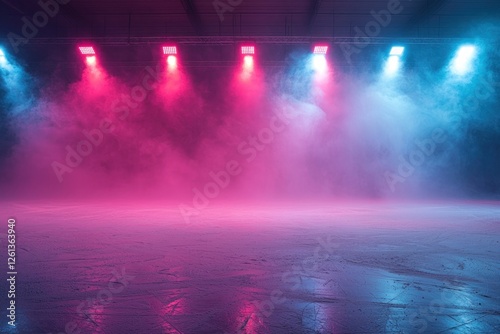 A red ice rink with neon lights, spotlights, and smoke, evoking the excitement of winter sports and competitions