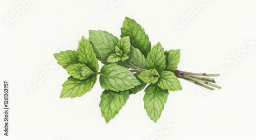 Watercolor banch of mint leaves on white background