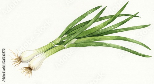 Watercolor bunch of green onion and scallion on white background