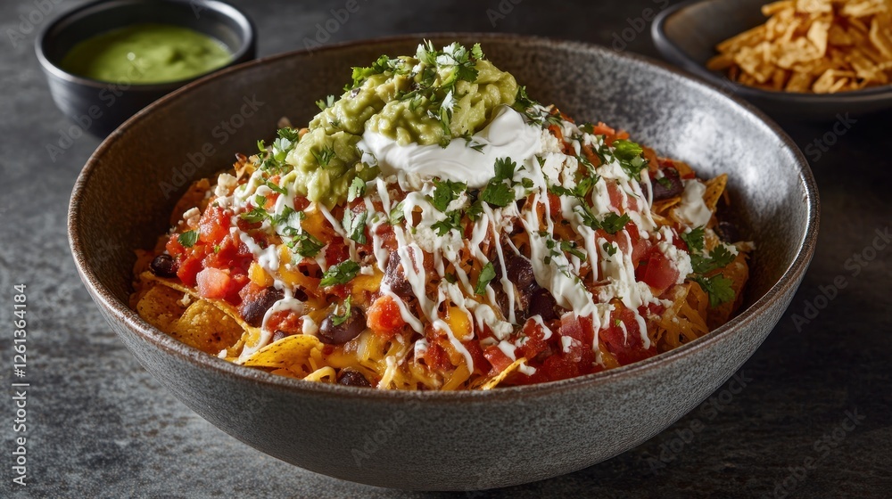 Loaded nachos supreme piled high with savory toppings in a rustic bowl Loaded nachos supreme piled high with savory toppings in a rustic bowl