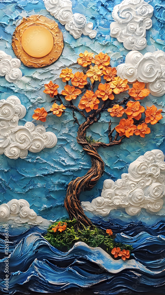Fototapeta premium Oil painting, three-dimensional tree with orange flowers on the top of an abstract sun surrounded by clouds and waves