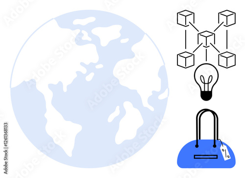 World map, blockchain network, light bulb, and shopping bag highlighting global innovation, digital security, and e-commerce. Ideal for tech, retail, global trade innovation digital transformation