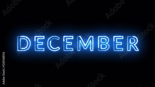 Neon December text animation on black background, December month neon line text concept, December neon looping animation, Blue neon glowing outline.