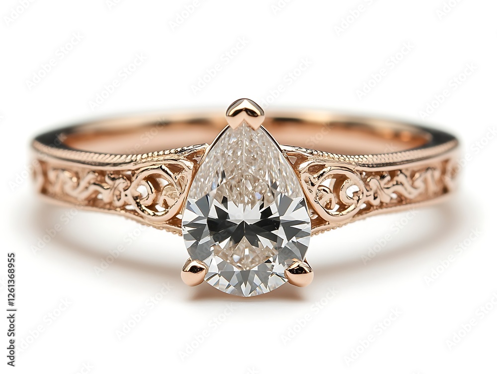 Rose gold engagement ring set with a pear-shaped diamond and intricate filigree band, on a white background. Rose gold engagement ring set with a pear-shaped diamond and intricate filigree band, on a white background.