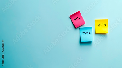 Sticky notes labeled IELTS, PTE, and TOEFL on blue background photo