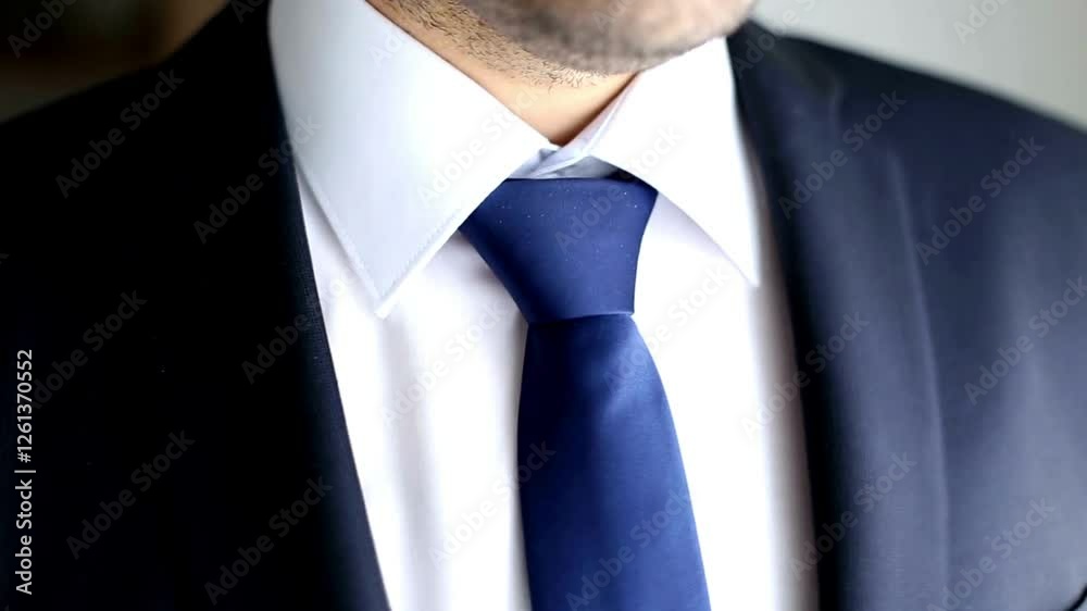 Young businessman adjusting tie. tying and straightening a tie close up of Elegant man Partial view