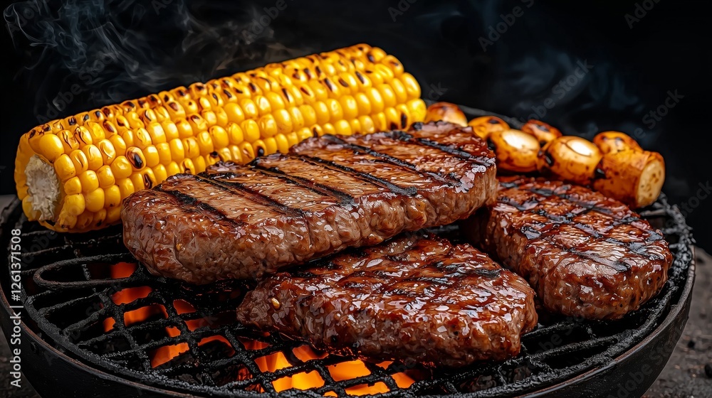 Grilled beef steaks with corn and mushrooms over charcoal fire. Grilled beef steaks with corn and mushrooms over charcoal fire.