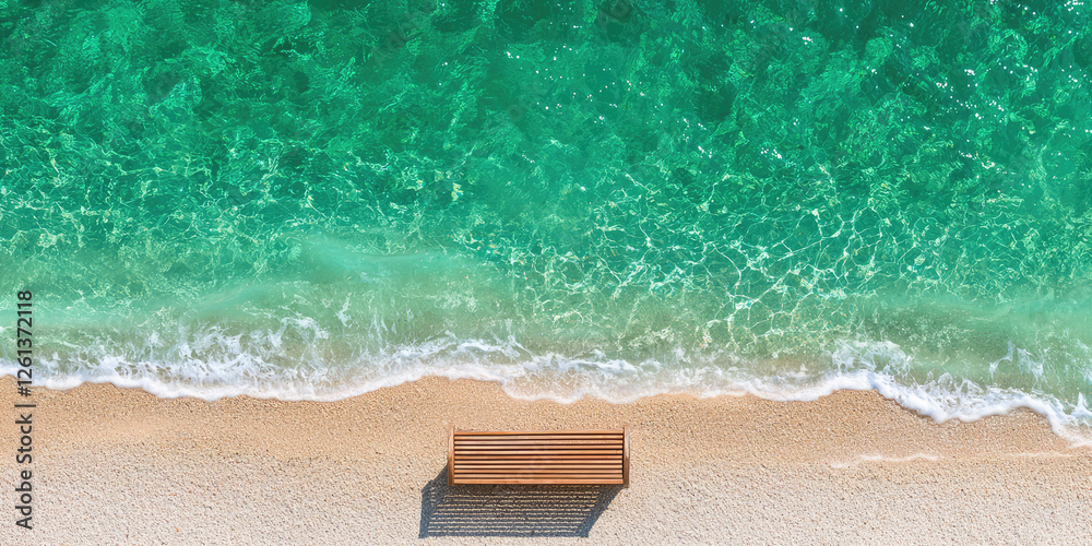 Naklejka premium An empty bench on the shore of the summer sea with clear water and foaming waves of the surf. A place for solitude on the shore
