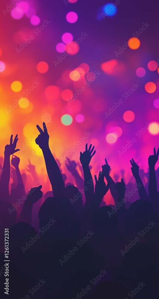 Crowd raising hands at concert, vibrant lights background. Possible use Event promotion Crowd raising hands at concert, vibrant lights background. Possible use Event promotion