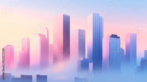 Modern skyscrapers reaching into the misty sky create an ethereal urban atmosphere at dawn. Ethereal Glass Cities. Illustration