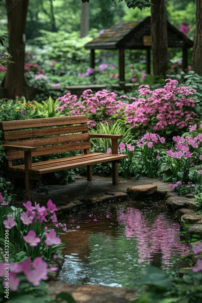 Obraz premium Serene garden bench near tranquil pond, pink blooms.
