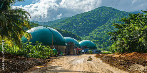 A biogas plant with large domed digesters, neatly arranged machinery, and lush vegetation in the background. photo