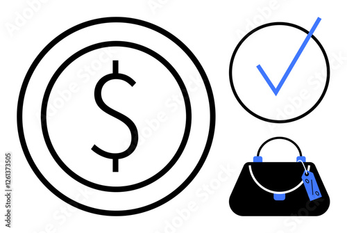 Dollar sign inside circle, checkmark, and shopping bag with price tag represent financial transactions, e-commerce, and consumer goods validation. Ideal for retail, online shopping, finance