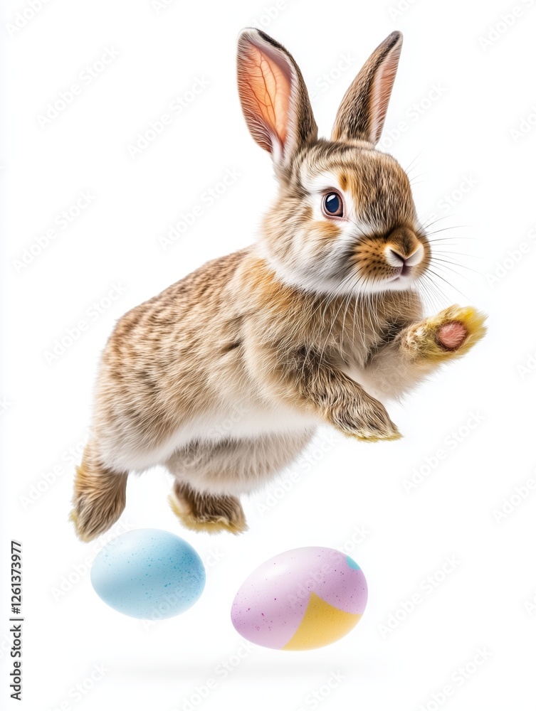Obraz premium Cute rabbit jumping surrounded by floating colorful Easter eggs isolated on white background.