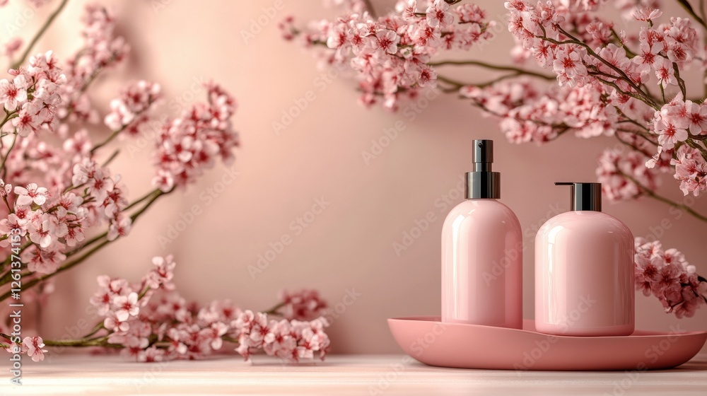 Elegant pink cream bottle surrounded by pink sakura flowers in soft light, luxury and romance Elegant pink cream bottle surrounded by pink sakura flowers in soft light, luxury and romance