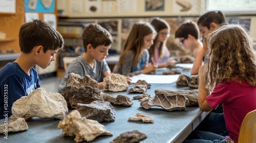 Engaged elementary students observing geology specimens in classroom setting