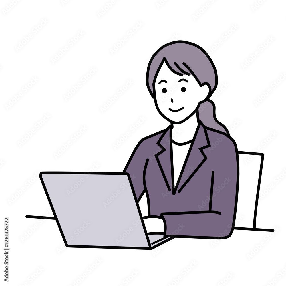 スーツでパソコンを操作する笑顔の女性 シンプル スーツでパソコンを操作する笑顔の女性 シンプル