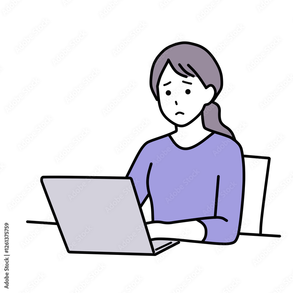 私服でパソコンを操作する困った顔の女性 シンプル 私服でパソコンを操作する困った顔の女性 シンプル