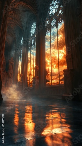 Fiery sunset viewed through gothic cathedral windows.
