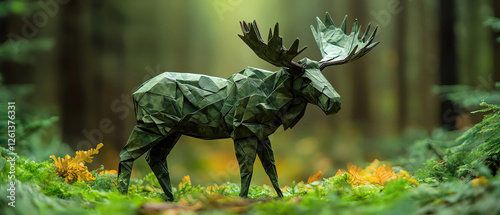 Green origami moose in a pine forest, surrounded by greenery photo