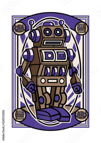 Vintage Robot Illustration: A stylized vintage robot illustration with a retro design, embodying the charm of classic mechanical figures, with a nod to the aesthetics of bygone technology.