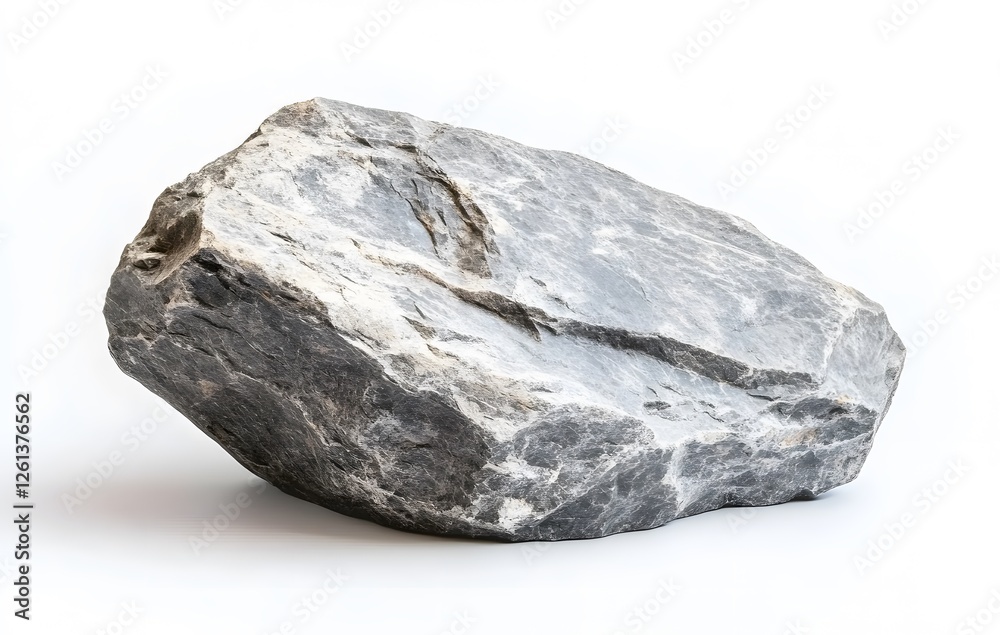 A single grey rock rests on a white background