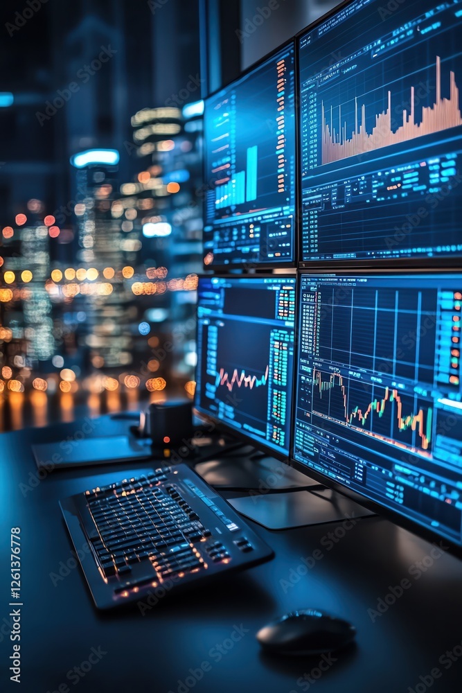 Hightech trading desk with graphs and data on multiple screens, modern office, lowangle Hightech trading desk with graphs and data on multiple screens, modern office, lowangle