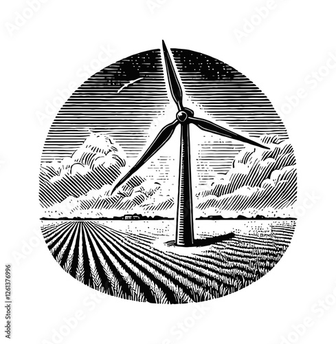 single wind turbine standing in a field engraving black and white outline