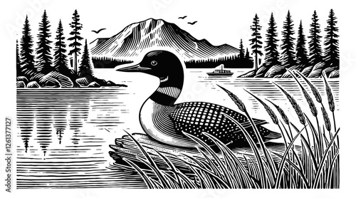 loon on a lake with a mountainous background engraving black and white outline