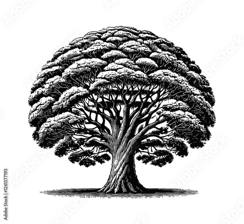 tree has a symmetrical, semi-circular canopy with dense foliage engraving black and white outline
