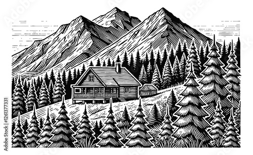 mountain landscape with a small wooden cabin, surrounded engraving black and white outline