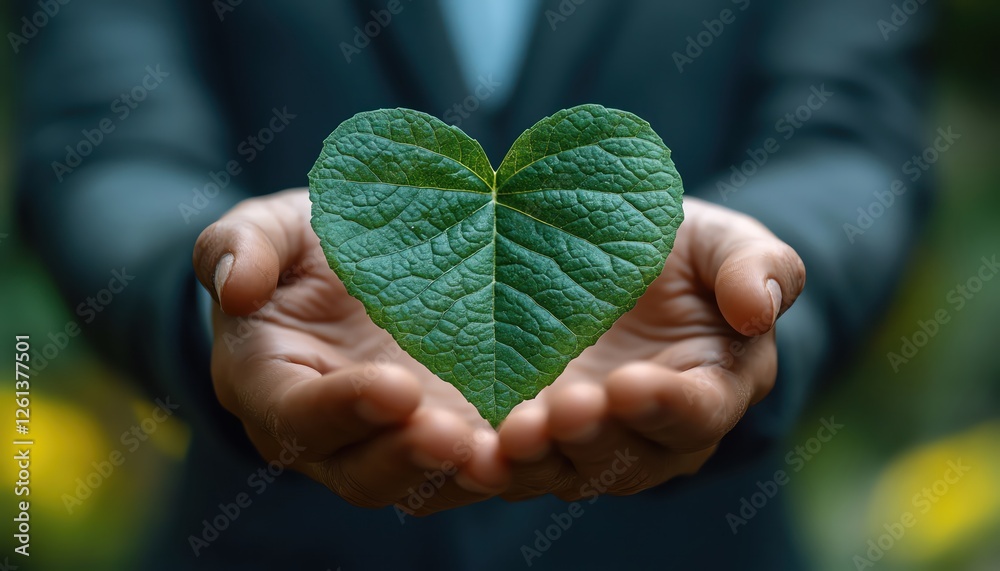 Man in suit holding heartshaped leaf, nature background, environmental focus