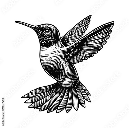 hummingbird engraving black and white outline