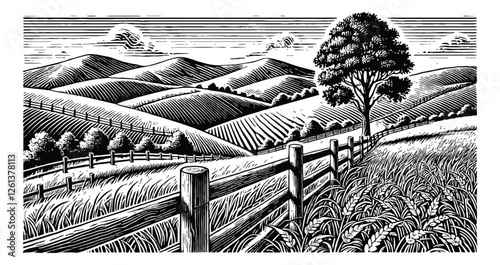 countryside landscape with rolling hills and a fence engraving black and white outline