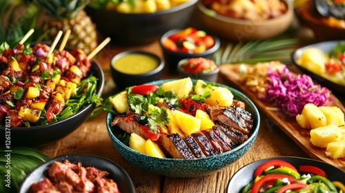 Colorful hawaiian feast with grilled meat, pineapple, and fresh salads on rustic table