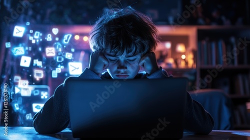 Stressed teen overwhelmed by social media and technology in dimly lit room