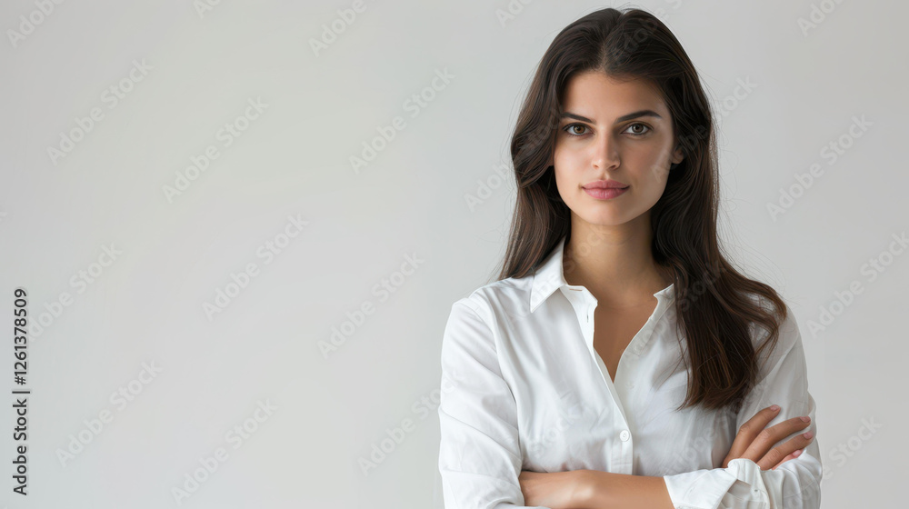 Stylish businesswoman exudes confidence in a chic, casual attire, posing gracefully in a modern studio setting. Stylish businesswoman exudes confidence in a chic, casual attire, posing gracefully in a modern studio setting.
