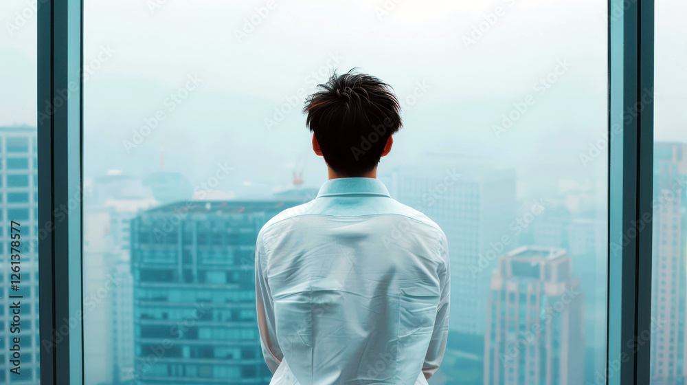 Fototapeta premium A sharp businessman stands confidently by a highrise window, showcasing ambition amid the bustling city below.