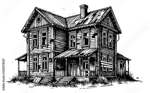abandoned wooden house with broken windows, missing planks engraving black and white outline